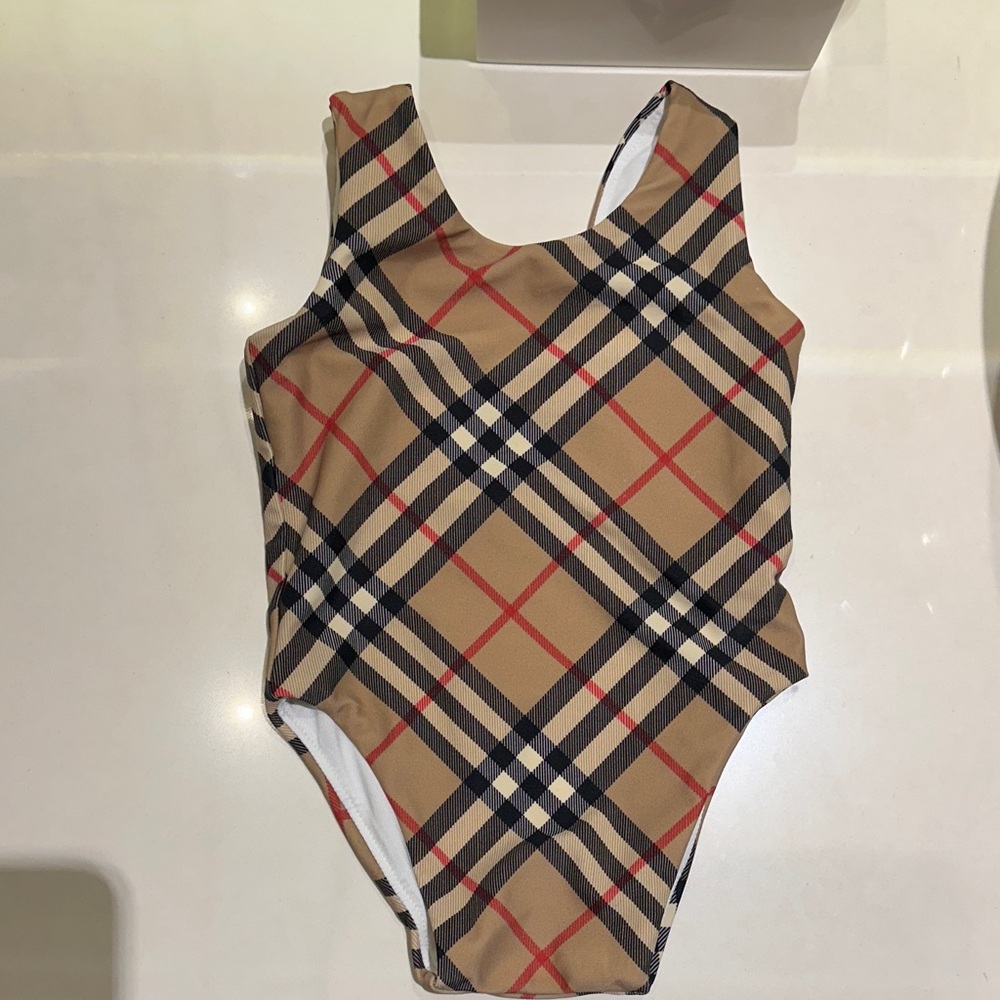 Burberry Kids Swim One Piece in Tan and Red Check
